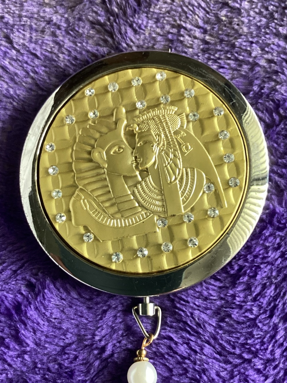 Gold Egyptian Motif Compact Mirror with Pearl Charm